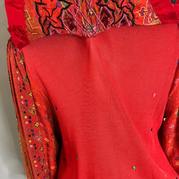 Vintage Diane Freis Long Sleeve Mixed Media Blouse Statement Collar Silk Red - Picture 7 of 12
